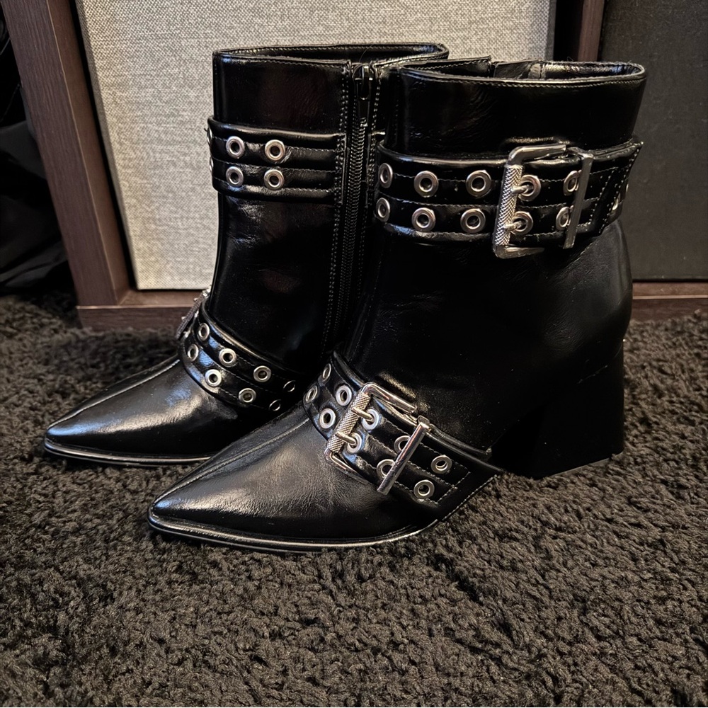 Mix No. 6 Black Pointed Toe Ankle Boots with Grommet Buckles